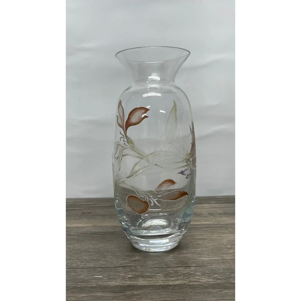 Handmade Glass Floral Vase Hand Painted Leaf Design Clear Purple Brown Excellent